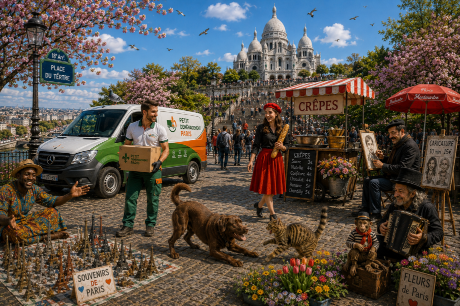 Camionnette Petit Déménagement Paris stationnée place du Tertre à Montmartre avec un déménageur portant un carton, des commerçants, des artistes de rue et la basilique du Sacré-Cœur en arrière-plan.